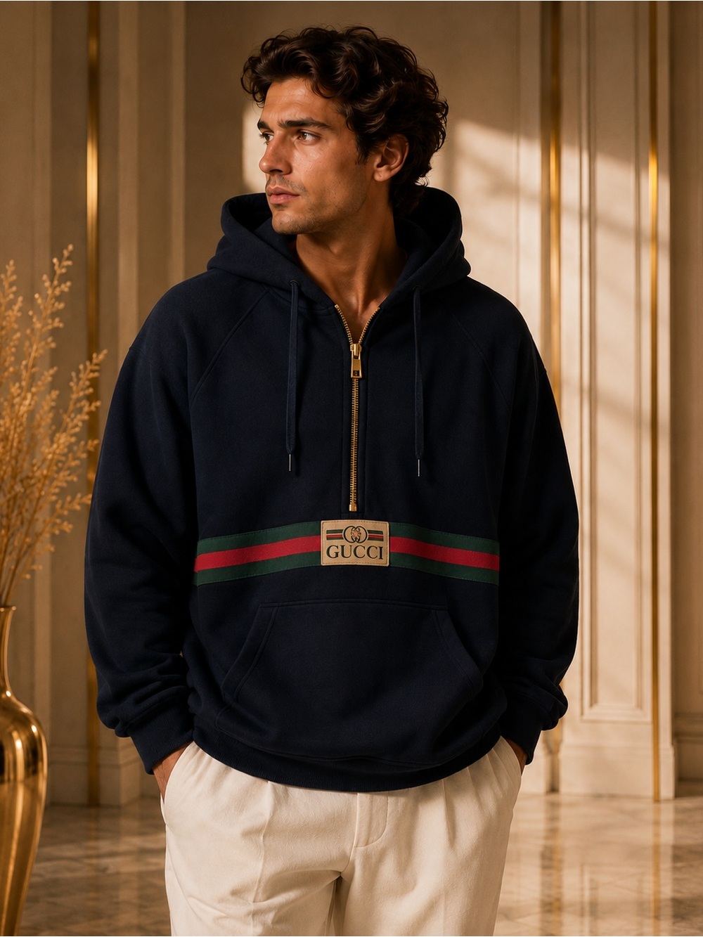 Gucci Men’s Web Stripe Half-Zip Hoodie Navy XXL / US 50 Made in Italy